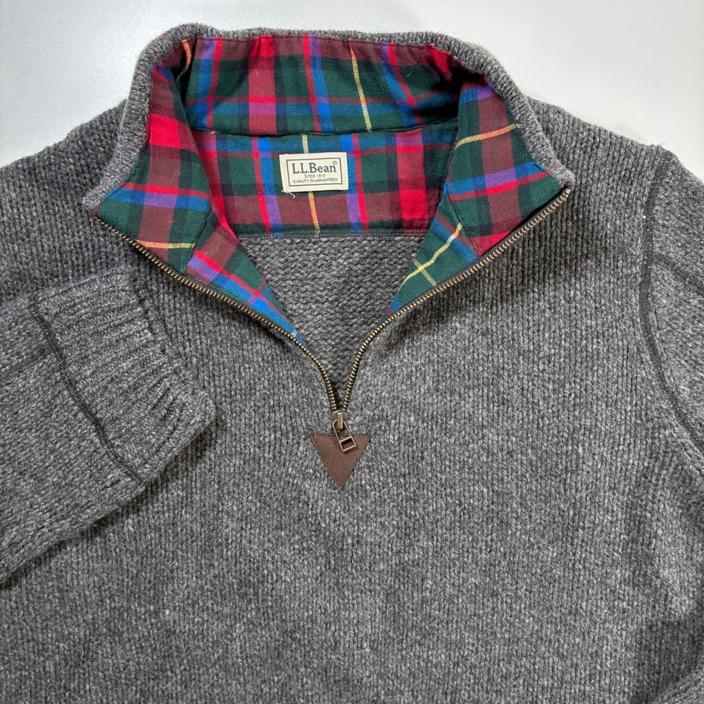 LL Bean Quarter Zip Sweater Medium Gray Plaid Lined Pullover Hiking Holiday